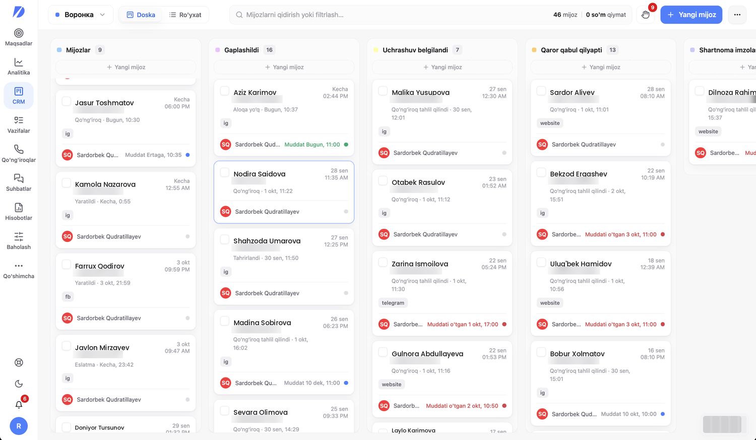 DeepSales CRM voronkasi: bosqichlar bo'yicha mijoz kartochkalari